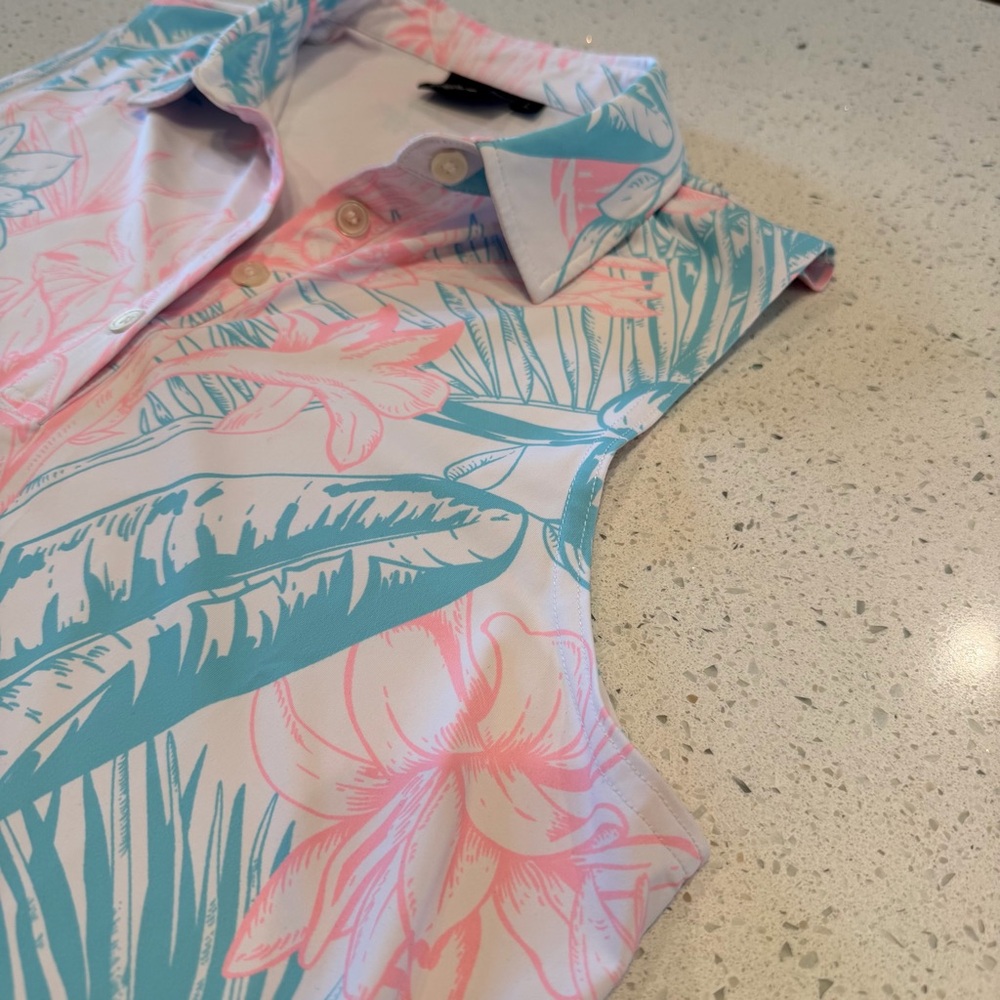 Sunday Swagger Tropical Golf Polo Sleeveless Tank Blue Pink White Size Large - Picture 2 of 9